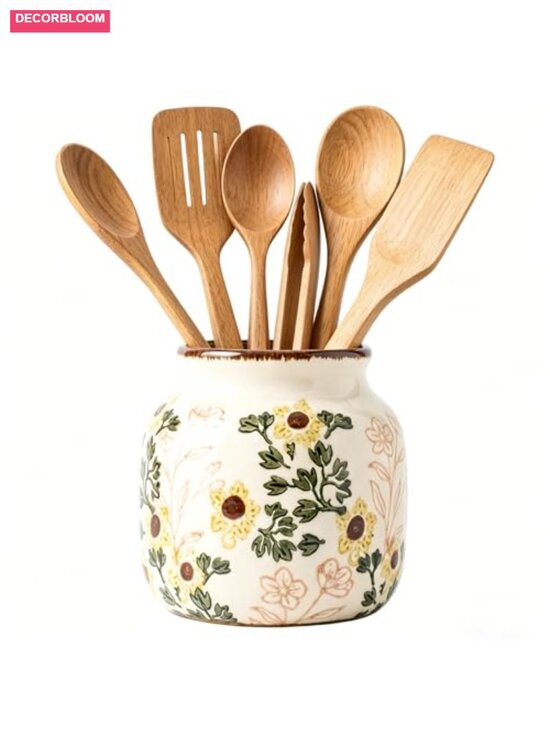 Other - Crackle Glaze Ceramic Utensil Crock with Hand-Painted Flowers, Farmhouse